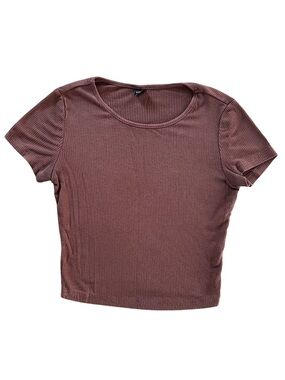 Shein Womens XS Crop Top Brown Ribbed Short Sleeve Stretch